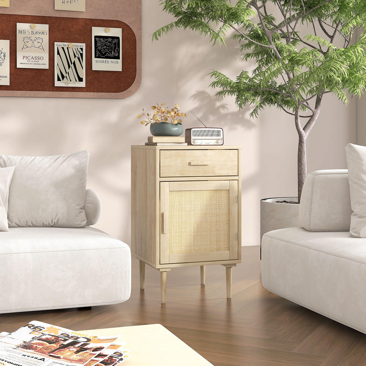 NACHTSCHRANK DE-12831 Schublade und Rattantür Natur - Naturfarben, Holzwerkstoff (40/68.5/40cm) - ComfortXL