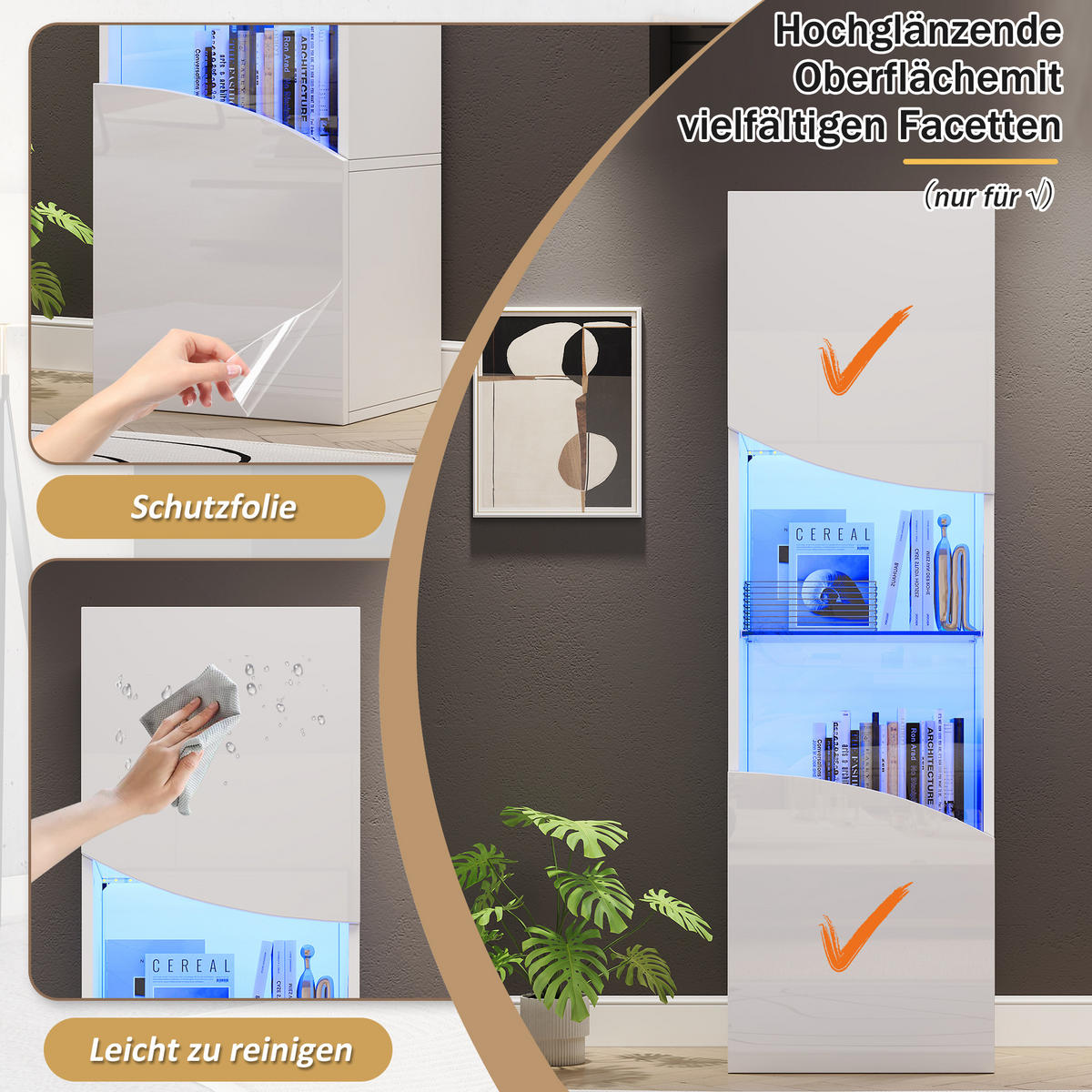 VITRINE LED Hochglanz Vitrinenschrank Glastüren 165cm Weiß - Weiß, Holzwerkstoff (35/165/50cm) - FLIEKS