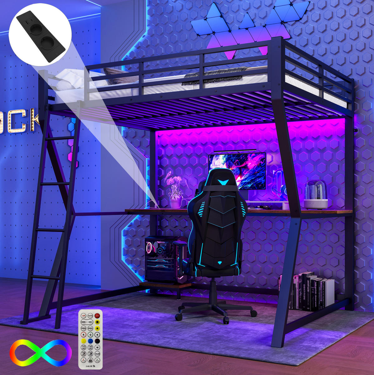 HOCHBETT aus Metall 140x200 cm Schwarz mit Schreibtisch, LED-Beleuchtung, USB-Anschluss, Steckdose und Treppe - Schwarz, Metall (140/200cm) - Modfu