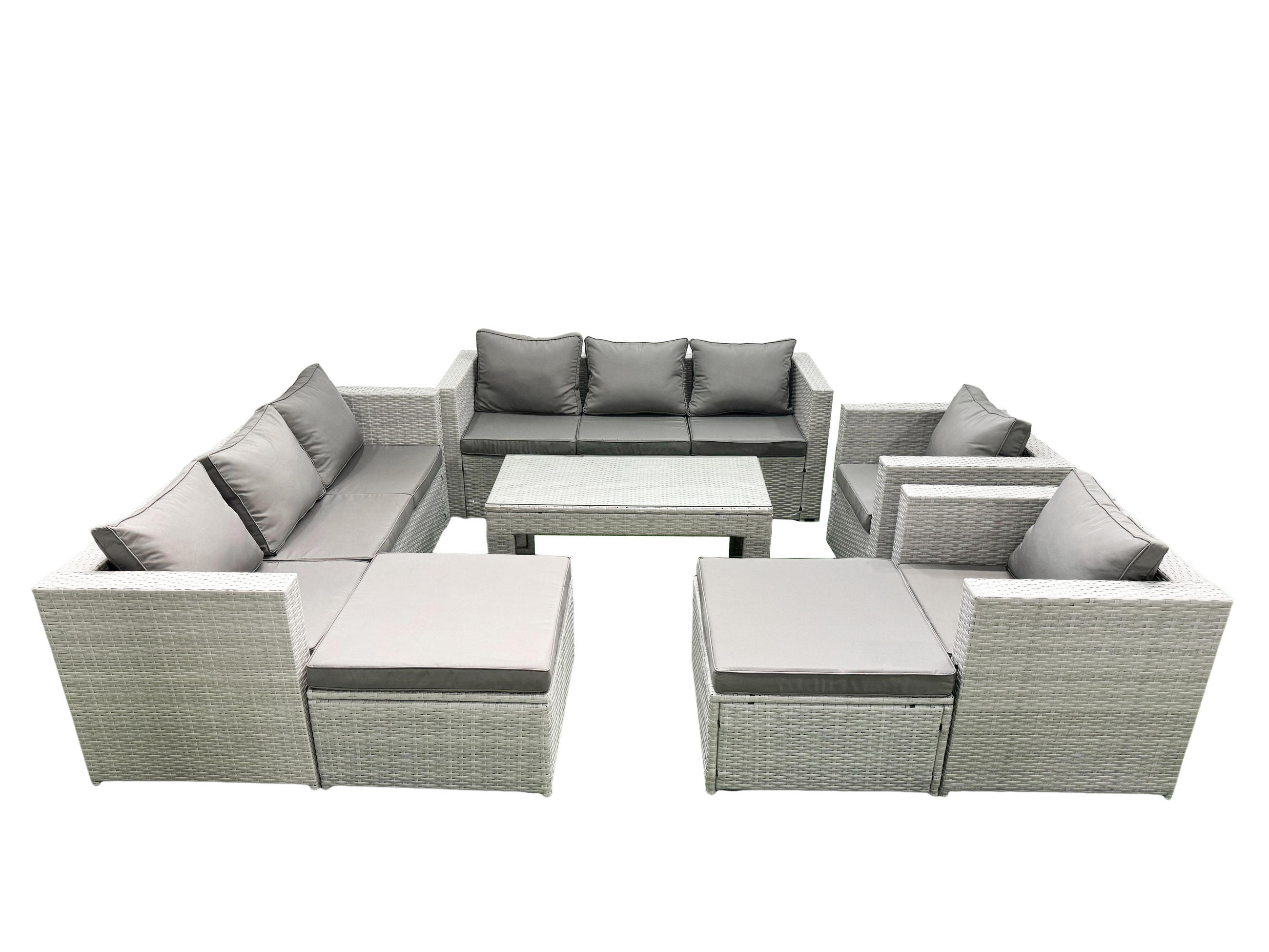 GARTENSOFA hohe Rückenlehne Polyrattan Hellgrau-Mix 10-Sitzer - Hellgrau/Grau, Glas/Kunststoff - Fimous