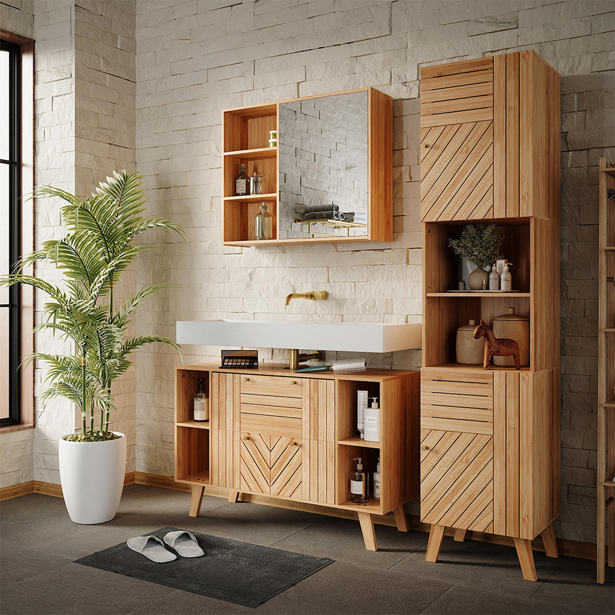 BADMÖBEL-SET Lucie Bambus 3 Teile - Grün, Holzwerkstoff (100/65/36cm) - Vicco