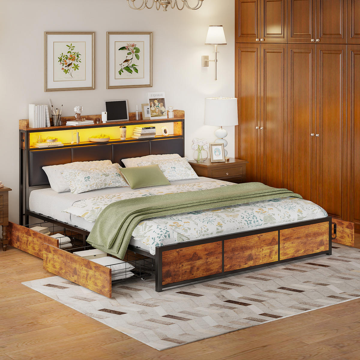 POLSTERBETT 140x200 cm Doppelbett, 4 Schubladen, verstellbare LED-Leuchten, weiches PU-Leder, Braun - Braun, Holz (140/200cm) - BRILVERDE