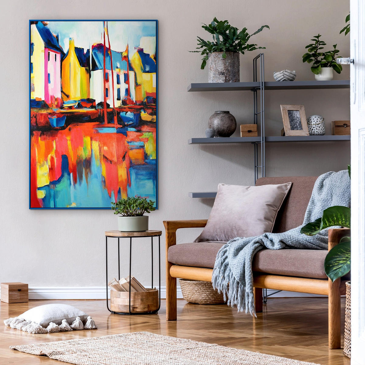 GEMÄLDE Yachten und Hafen Schattenfugenrahmen Blau 120x80 cm - Blau, Holz (120/80cm) - YS-art gallery