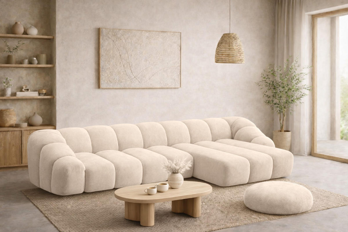 ECKSOFA Modulare L-Form, Veloursstoff Bluvel, Creme, Rechts, CROISSANT XL - Creme, Holz (340/190cm) - Kaiser Möbel