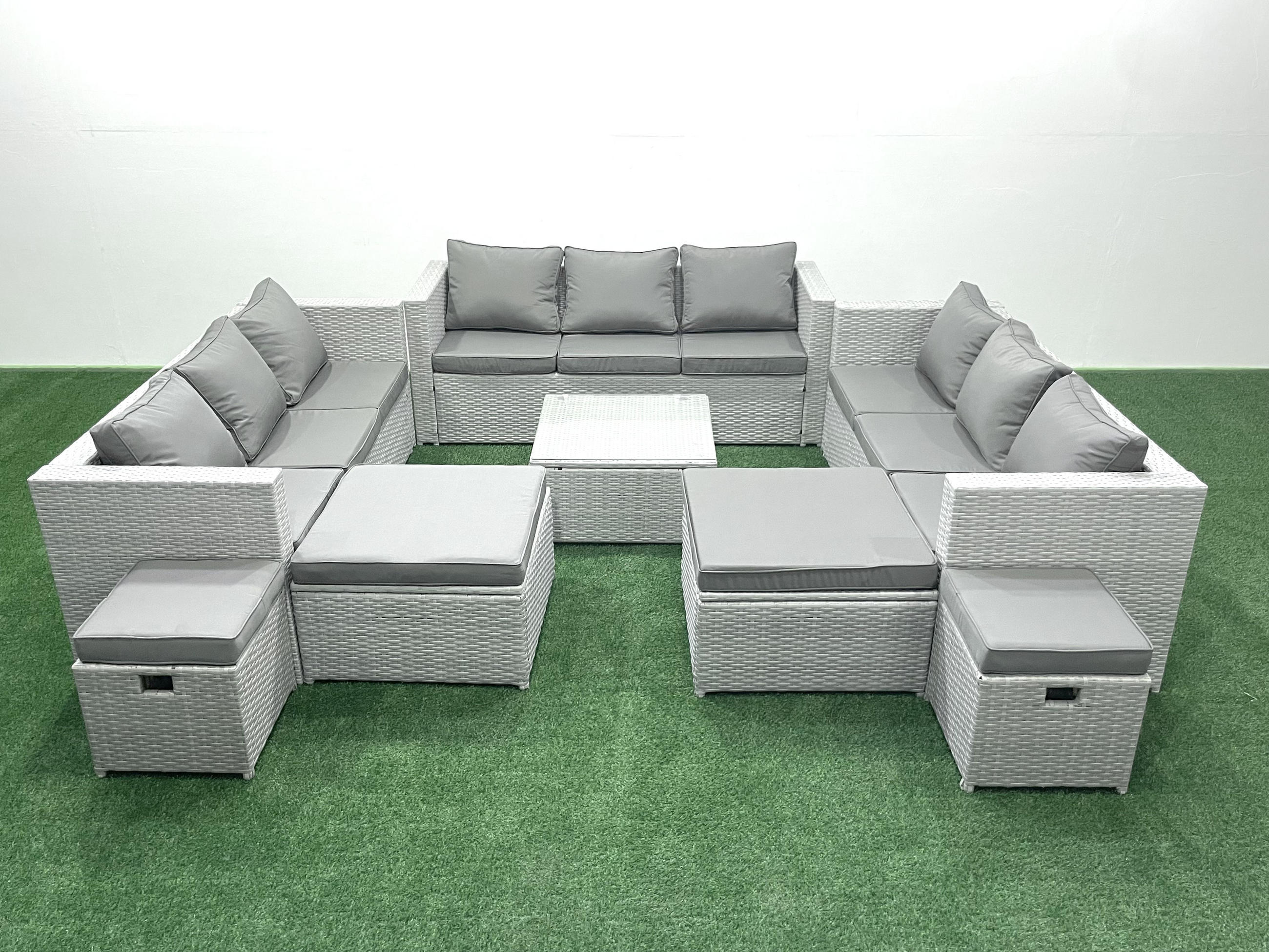 GARTENMÖBELSET mit 3-SITZER SOFA,COUCHTISCH Polyrattan Hellgrau-Mix 13-Sitzer - Hellgrau/Grau, Glas/Kunststoff - Fimous