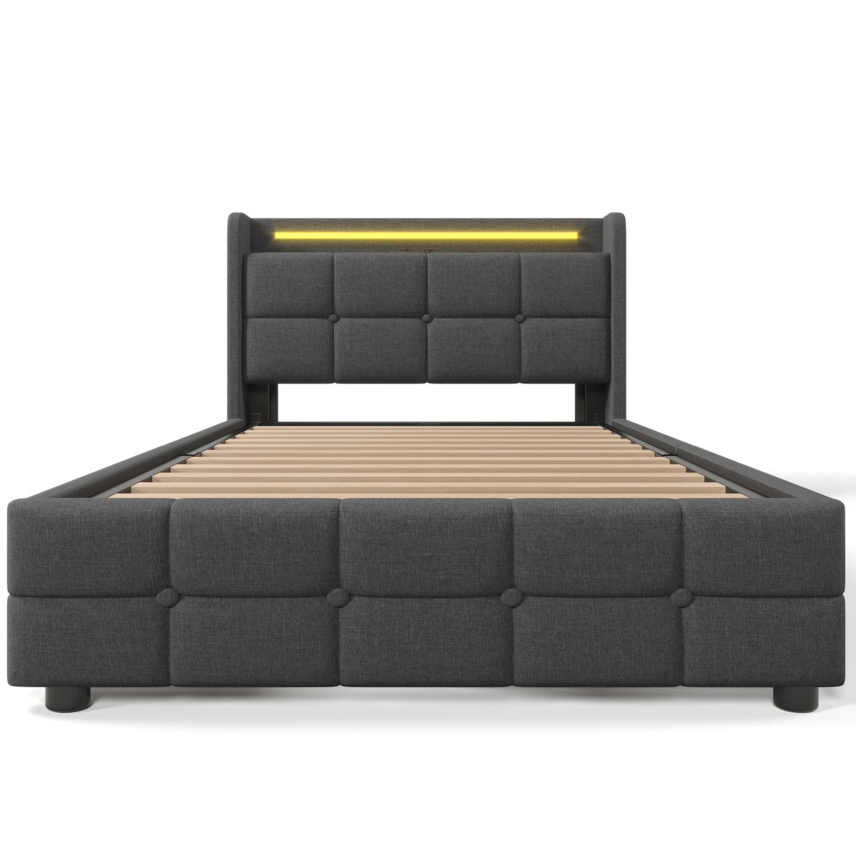 POLSTERBETT aus Holz 90x200 cm in Grau mit LED & Matratze - Grau, Holz (90/200cm) - Modfu