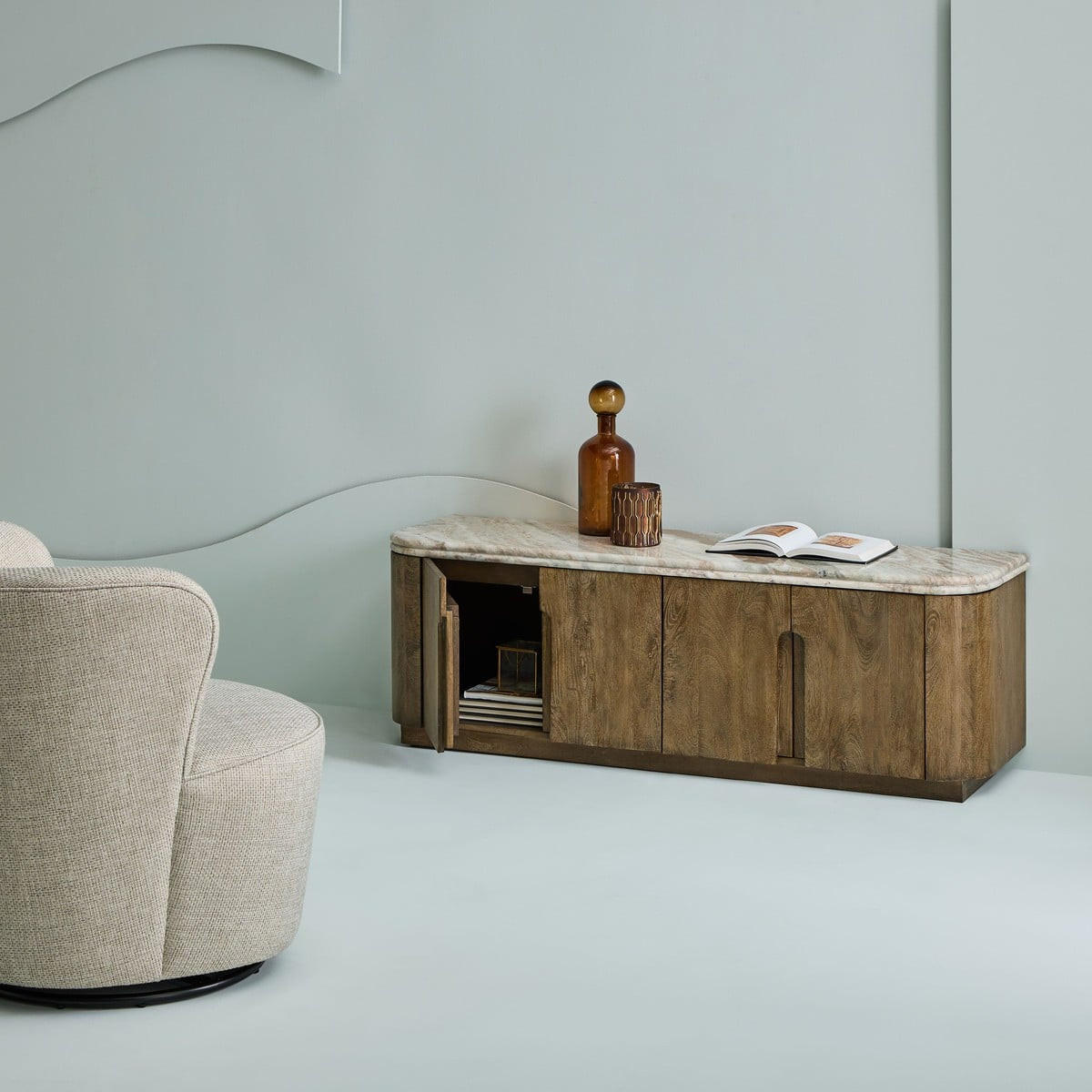 TV-SCHRANK aus Massivholz und Marmor 146/48/42 cm - Beige, Holz (42/48/12cm) - Signature