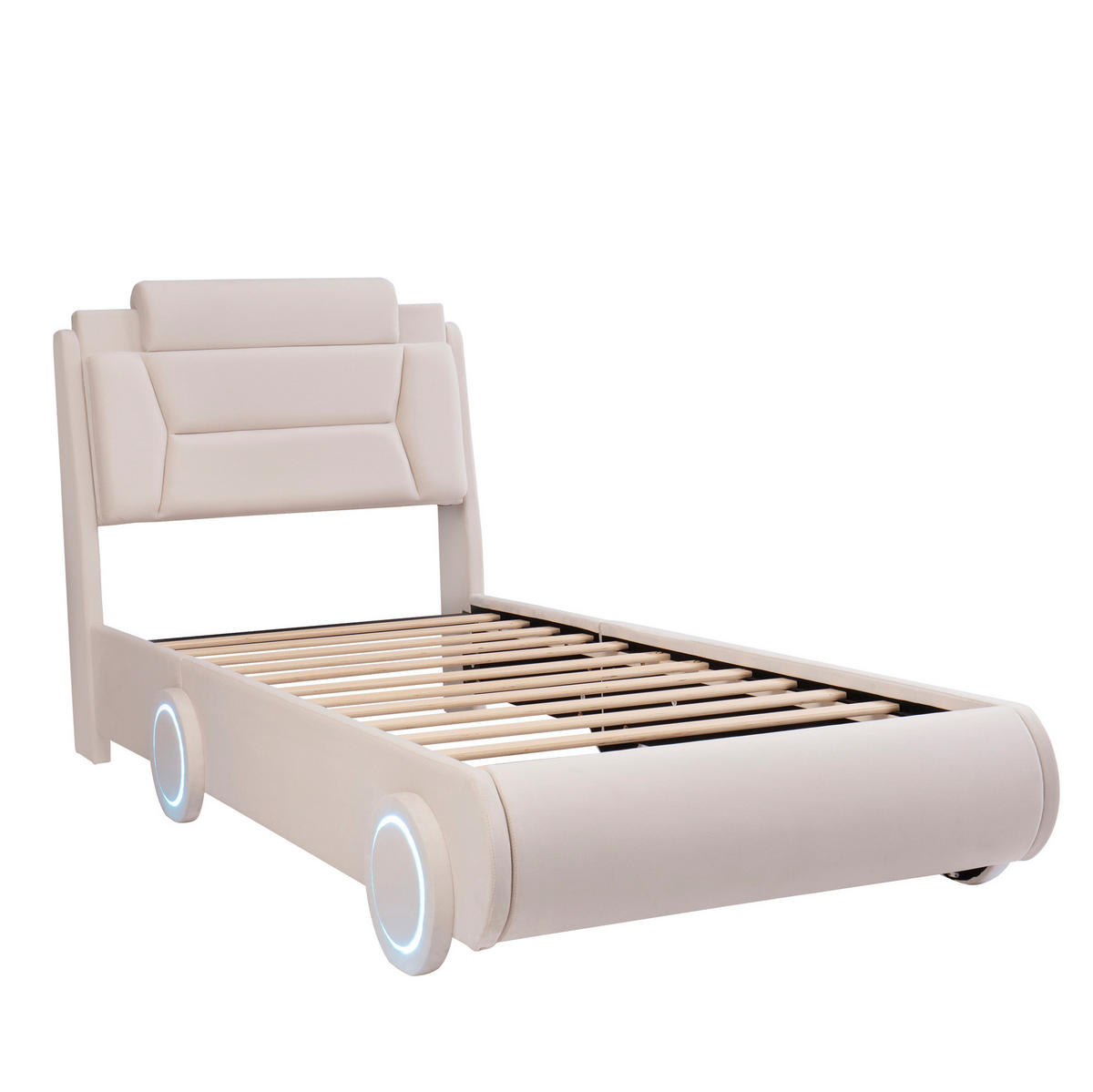 KINDER-POLSTERBETT aus Flanell 90x200 cm Beige im Auto-Design mit Lichtleisten - Beige, Textil (90/200cm) - Modfu
