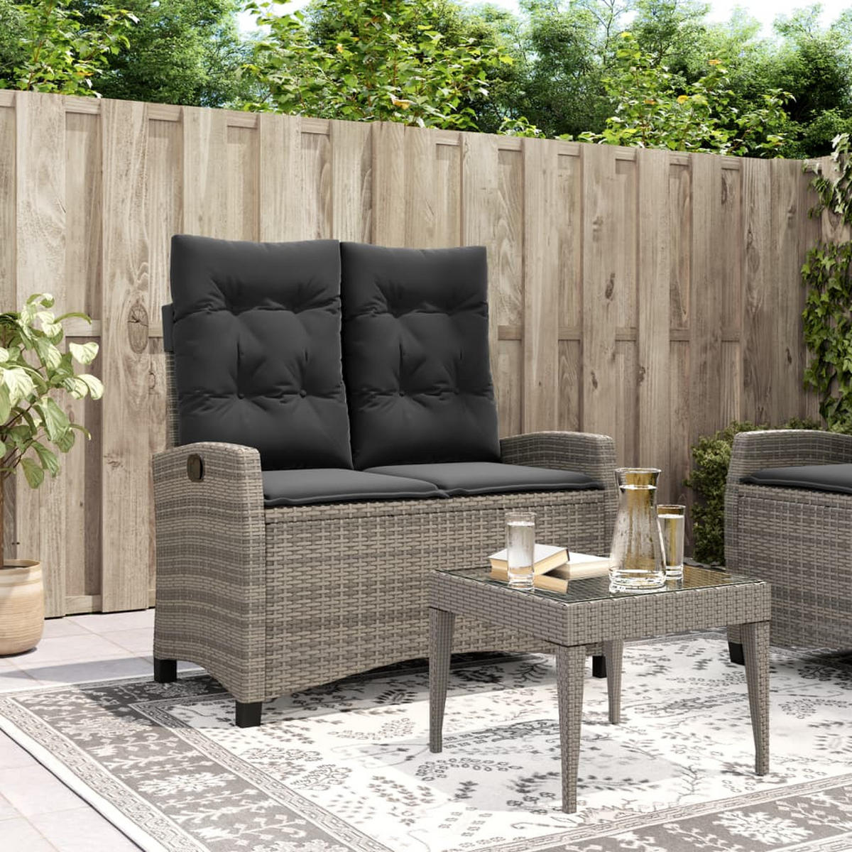 GARTENBANK Verstellbar mit Kissen Grau Poly Rattan - Grau, Kunststoff (105/93/66cm) - furnicato