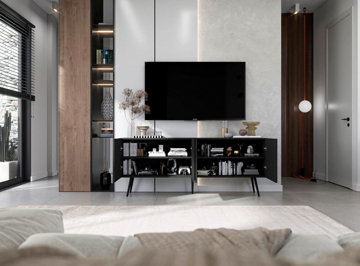 TV-SCHRANK Elpis Schwarz Matt mit Metallbeine Glamour 150 cm - Schwarz, Holzwerkstoff/Metall (150/60.5/36.5cm) - Meble Lindner