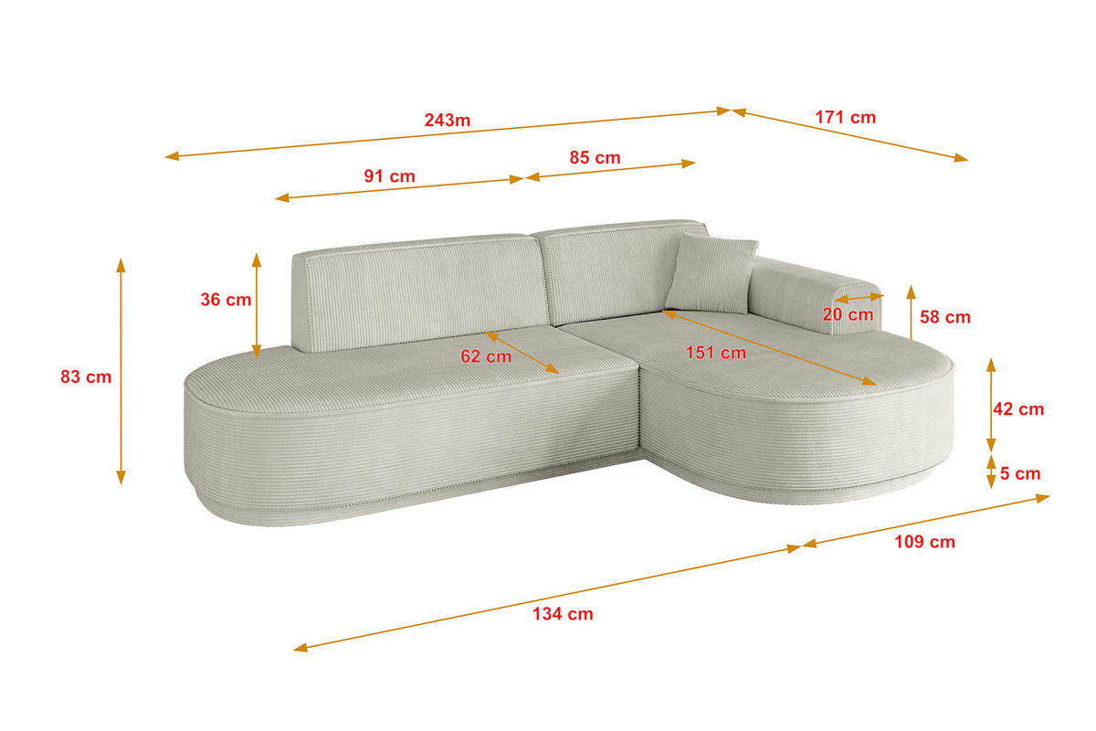 ECKSOFA Ottomane Rechts MARI-L1-v3 - 243x171x83 cm Hellgrau Cord - Hellgrau/Schwarz, Holzwerkstoff/Kunststoff (171/243cm) - ALTDECOR
