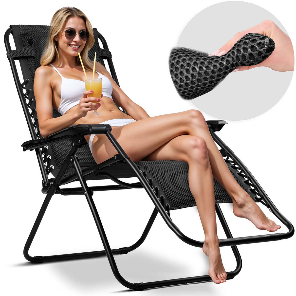 GARTEN-RELAXSESSEL Klappbarer mit Kissen, Schwarz - Schwarz, Metall (60/107/160cm)