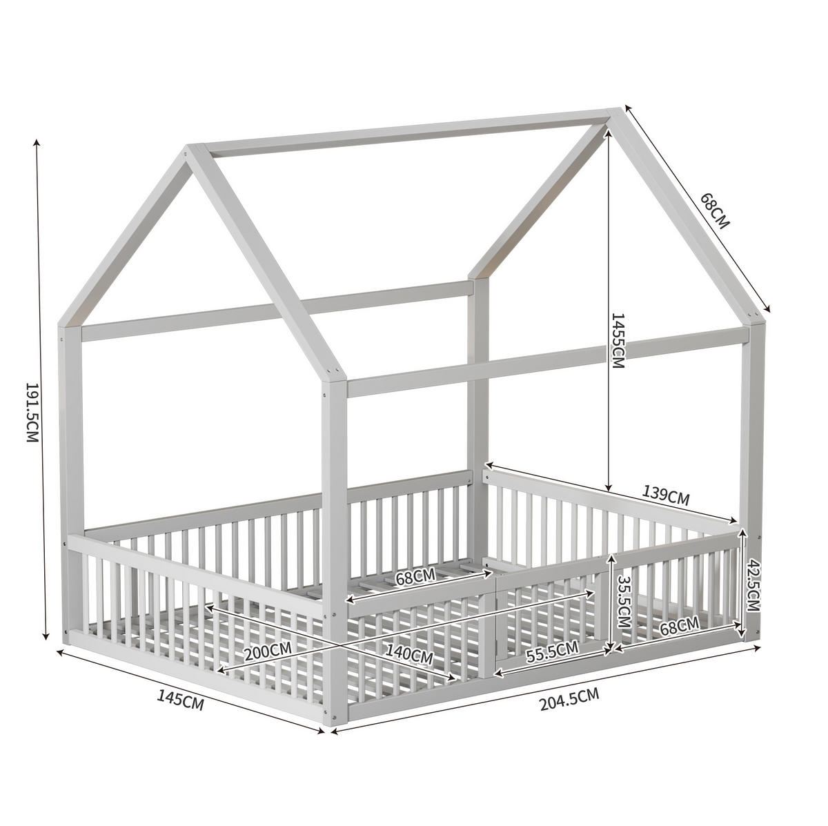 POSTELJA v obliki hiše 140/200 cm bela z varnostno ograjo in vratci iz bora in MDF - bela, les (140/200cm) - OKWISH