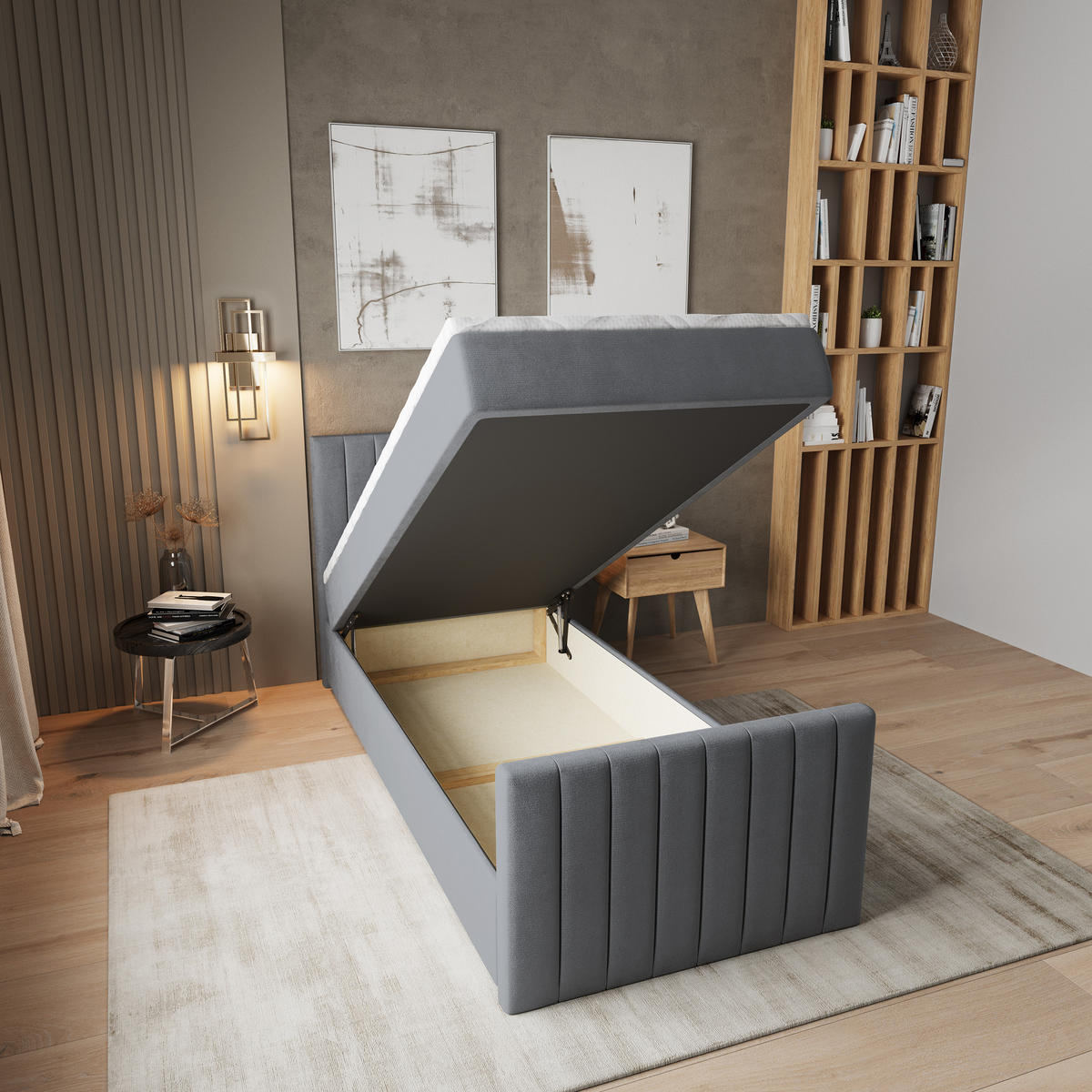 BOXBETT ARION 100 100x200 cm mit Matratze und Topper, H2+H3 - Grau - Grau, Holz (100/200cm) - MASSENO