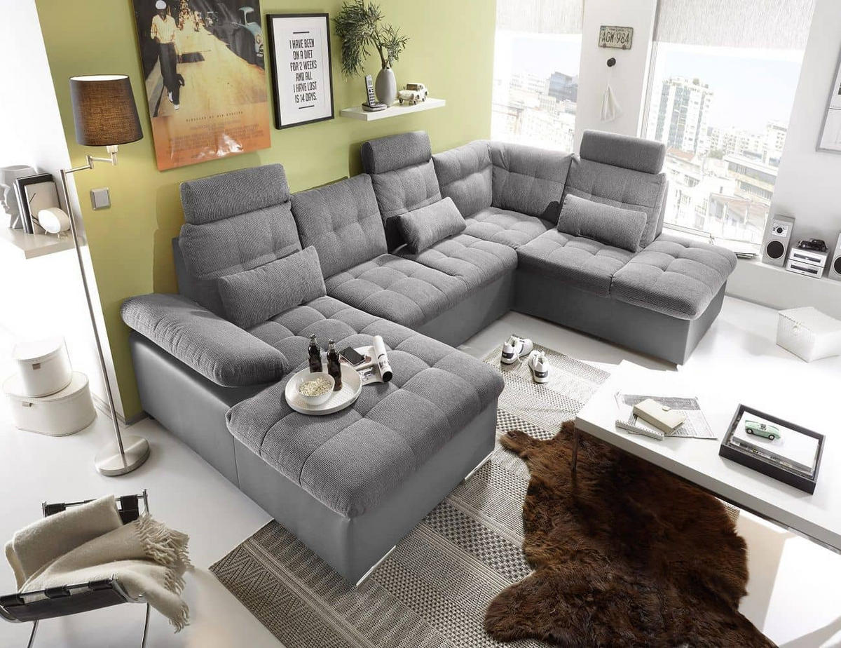WOHNLANDSCHAFT mit Schlaffunktion und Bettkasten, Luxus-Webstoff - Grau, Textil (218/104/324cm) - ed exciting design