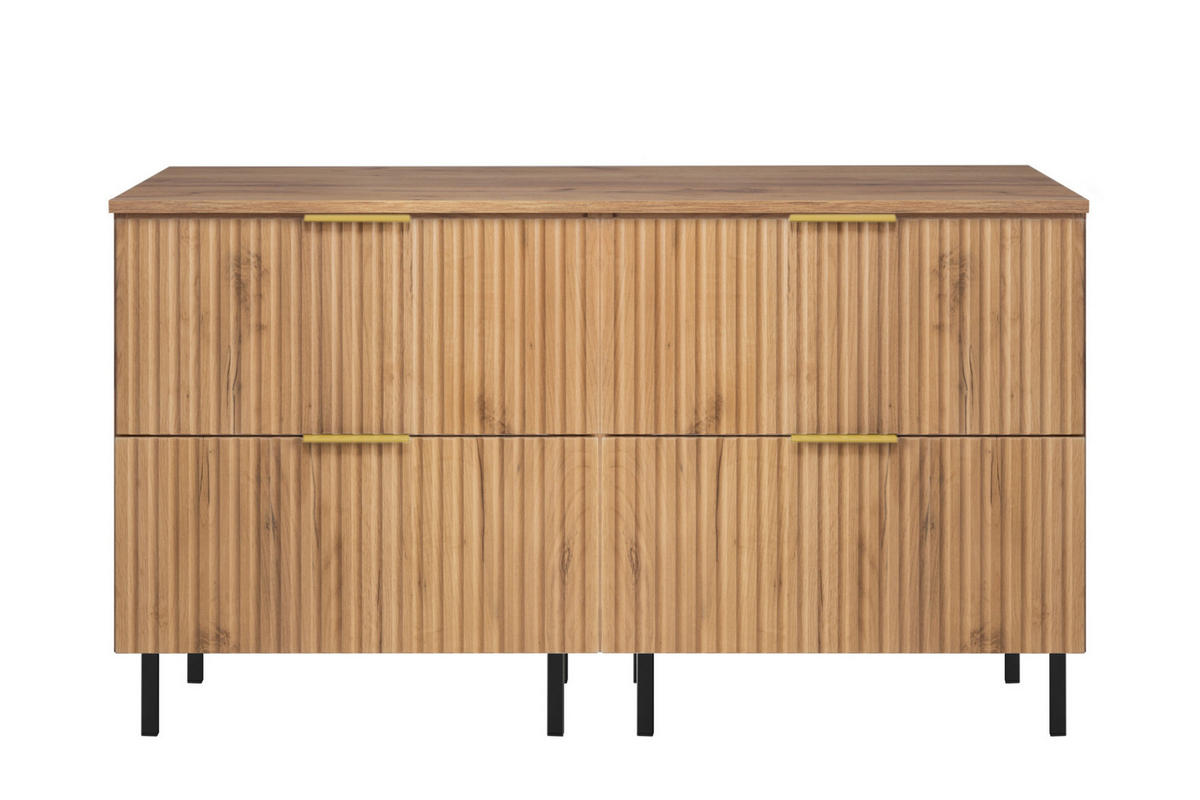 WASCHBECKUNTERSCHRANK, Eiche Craft, 120 (2 x 60) x 77 x 46 cm, goldener Griff, schwarze Beine + Arbeitsplatte - Eichefarben/Silberfarben, Holzwerkstoff (120/77/46cm) - 3XE LIVING