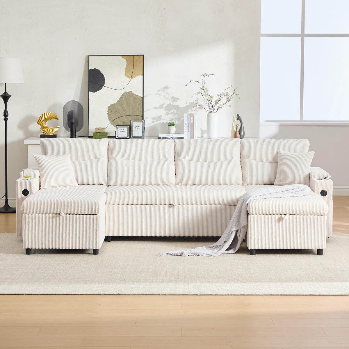 SCHLAFSOFA 4-Sitzer mit Chaiselongues, USB und Stauraum, Beige - Beige, Textil (272/86/136cm)