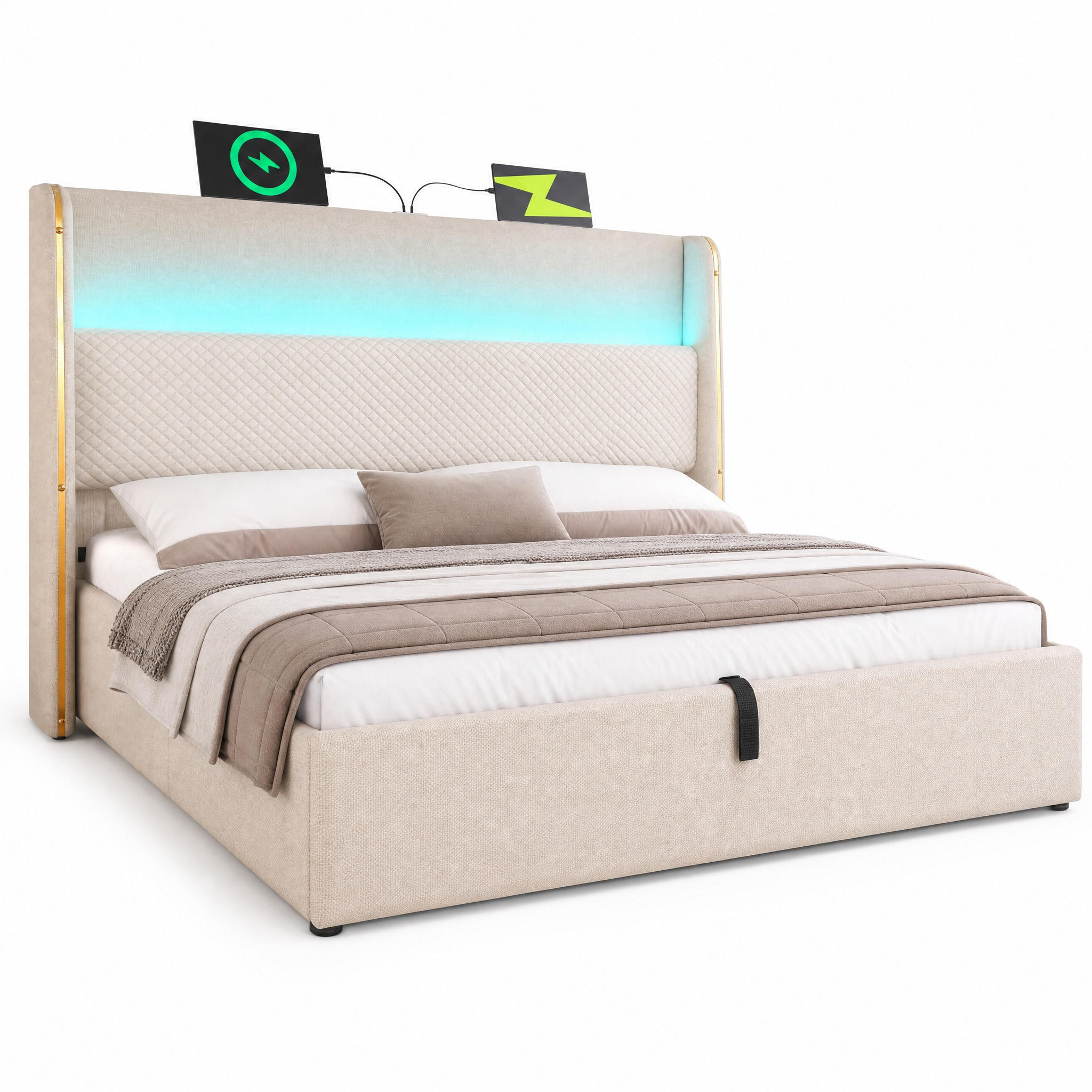 POLSTERBETT 180/200 cm in Beige mit Bettkasten, LED, USB und Type-C Leinen - Beige, Holzwerkstoff/Textil (180/200cm) - STILVORA