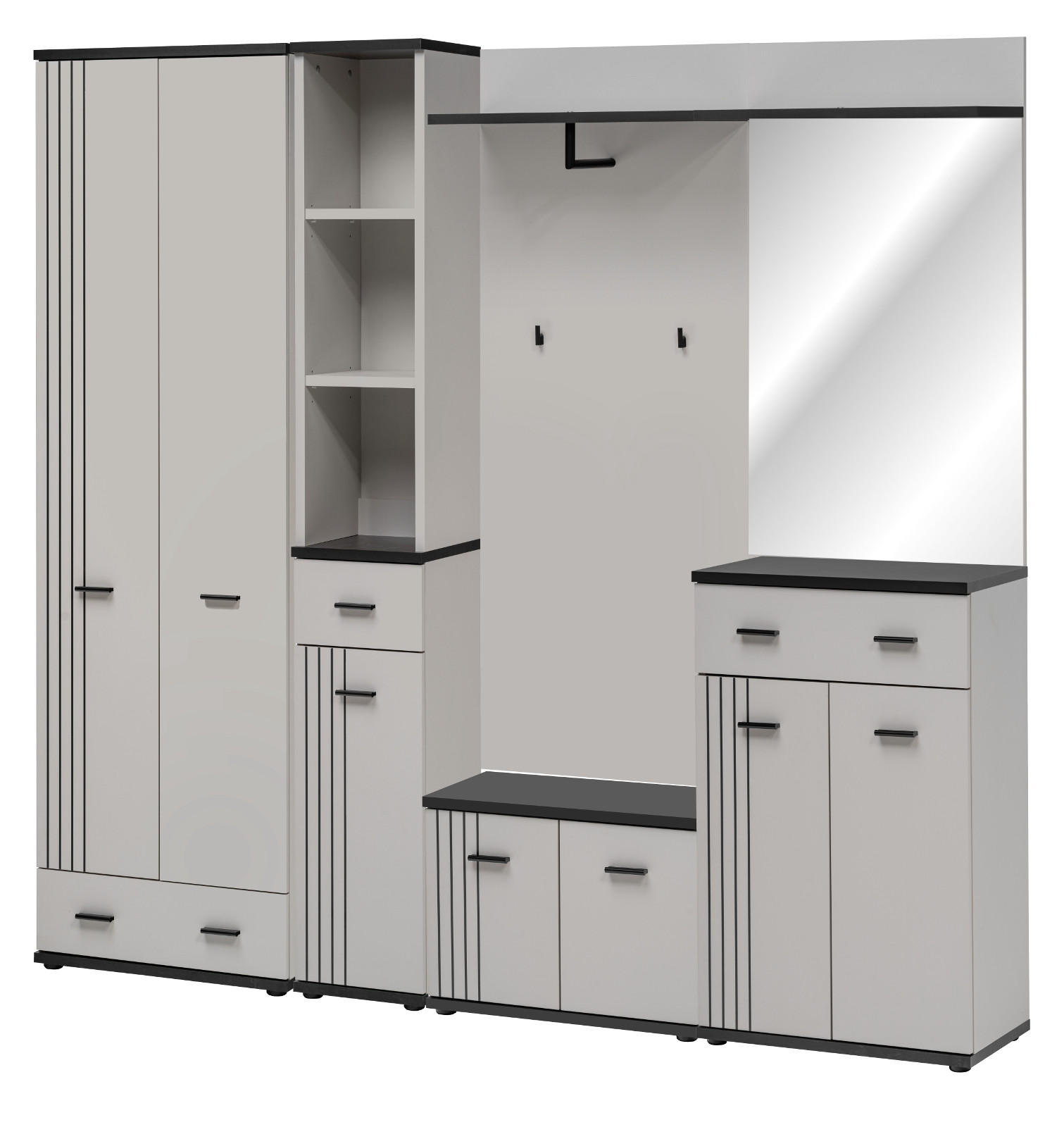 GARDEROBEN-SET Kaschmir, schwarz 6-teilig 210 cm, Flurgarderobe in modernem Desgin - Kaschmir/Schwarz, Glas/Holzwerkstoff (210/203/32cm) - Inn.Furn