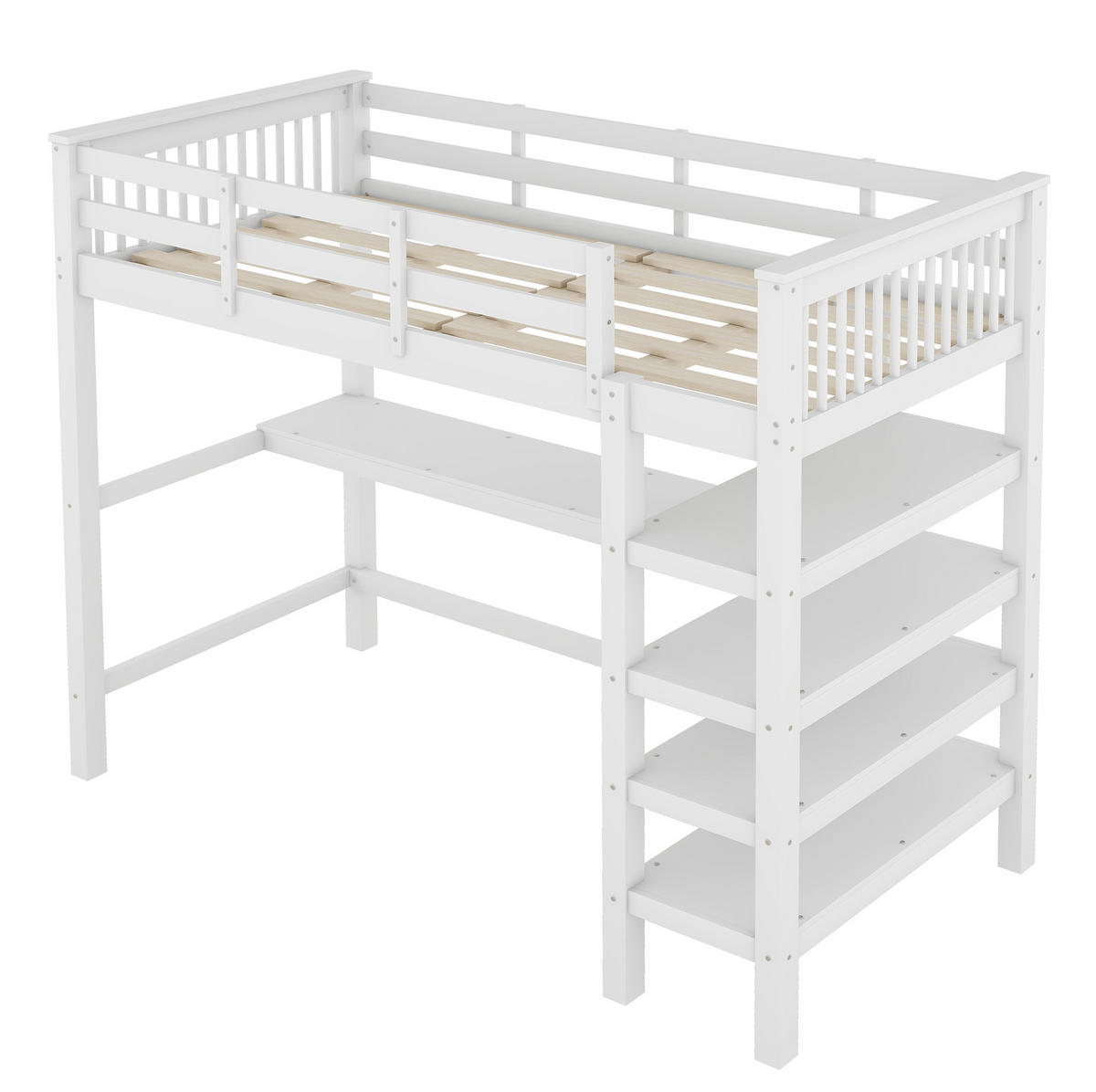 HOCHBETT 90/200 cm mit Schreibtisch, Ablagefächern und Regalleiter aus Kiefer /MDF, Weiß - Weiß, Holzwerkstoff (90/200cm) - Redom