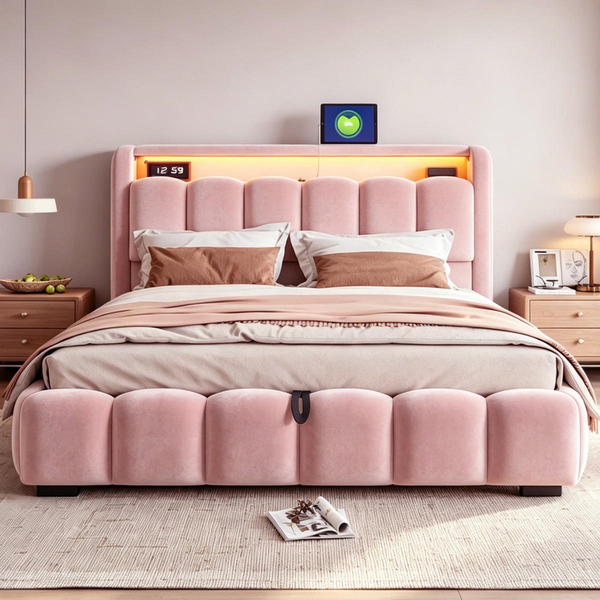 BOXBETT 180/200 mit LED/USB-C, Samt, Rosa - Rosa, Holz (180/200cm) - LVHOM