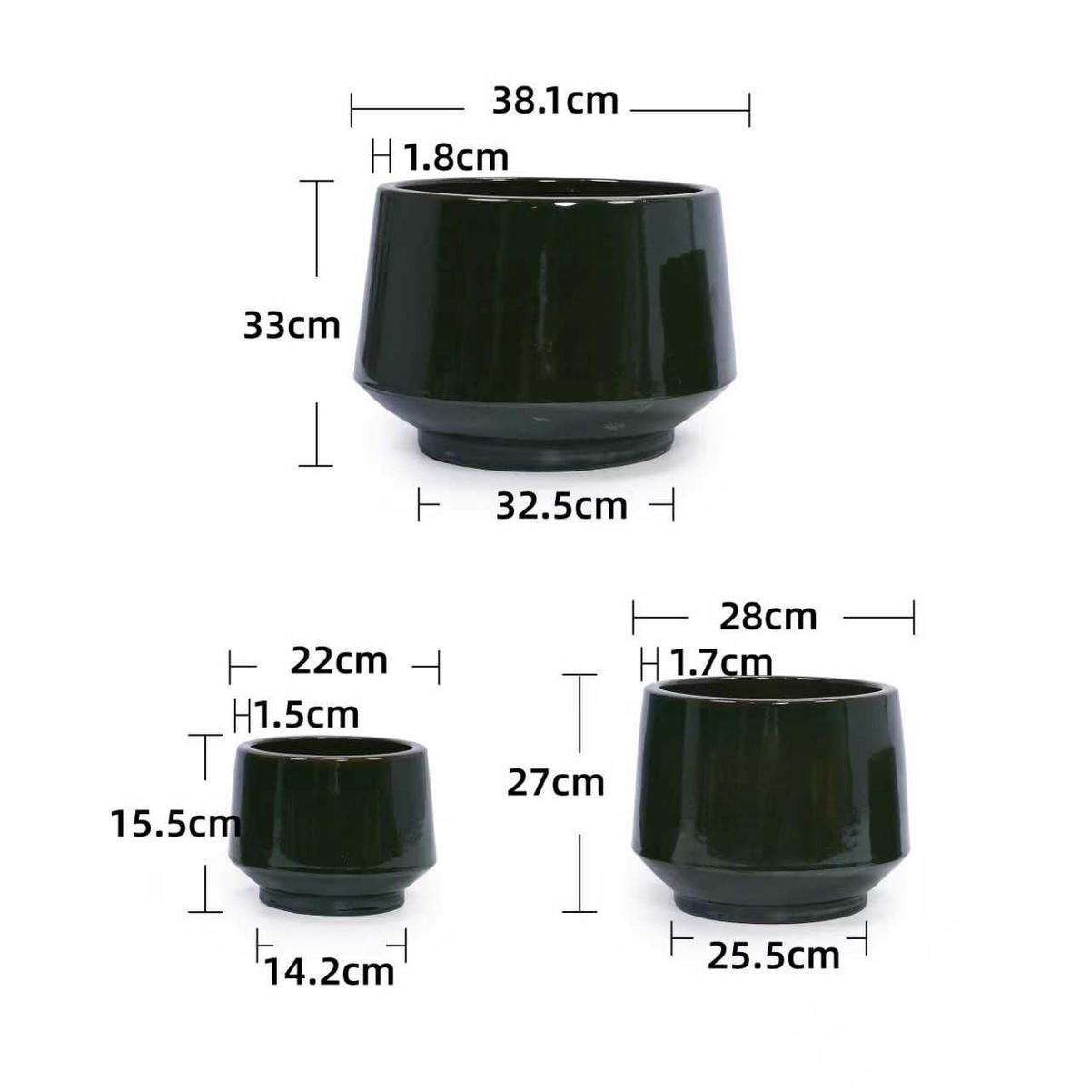 BLUMENTOPF Ø 38,1/30,5/22,9 cm Antikgrün musterlos (3 Stück) - Olivgrün, Keramik (38/27cm) - Oxeza