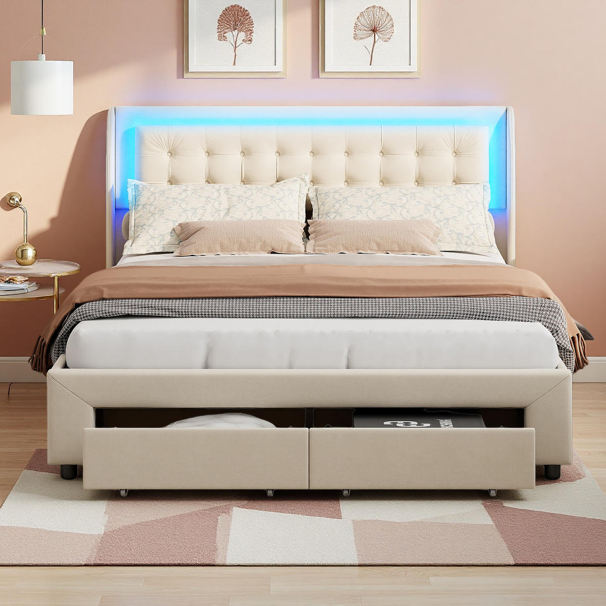POLSTERBETT 140 x 190 cm, Doppelbett mit LED-Kopfteil, hydraulisches Bett mit 2 Schubladen, beige, Samt. - Beige, Holz (140/200cm) - WoodenAura