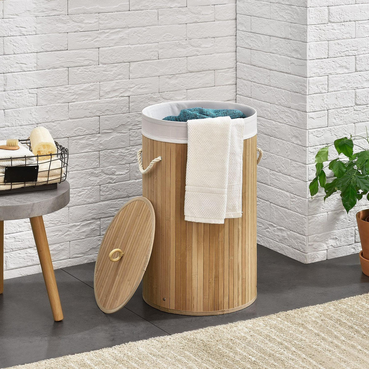 WÄSCHEKORB Curly-Round 55 L natur - Naturfarben, Holz (35/60/35cm) - Juskys