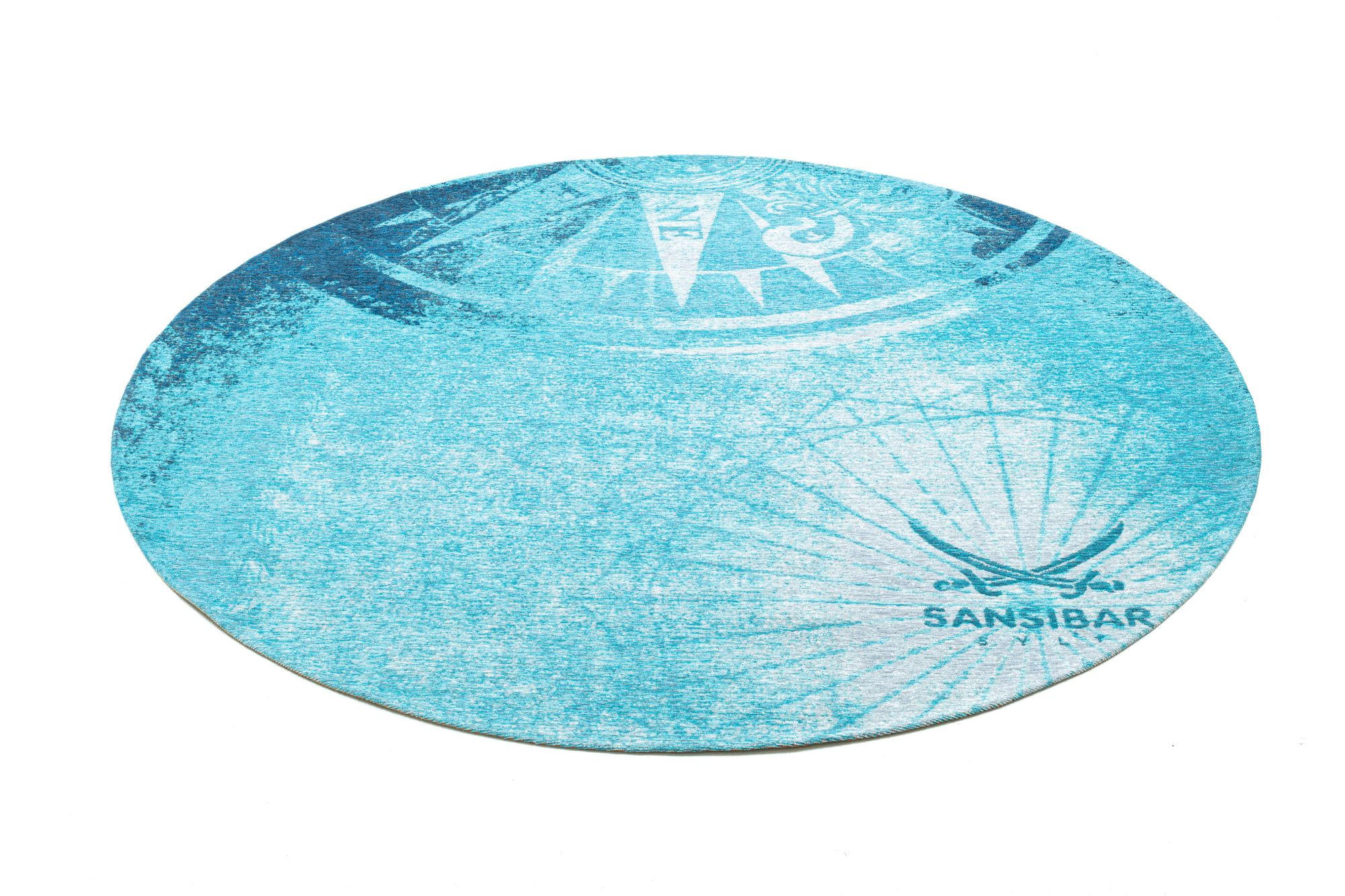 Thumbnail - Sansibar Sylt Flachwebteppich, Blau, Textil, Zeichen/Symbole/Nummern/Buchstaben, Rund, 160x160 cm, Oeko-Tex®, für Fußbod...