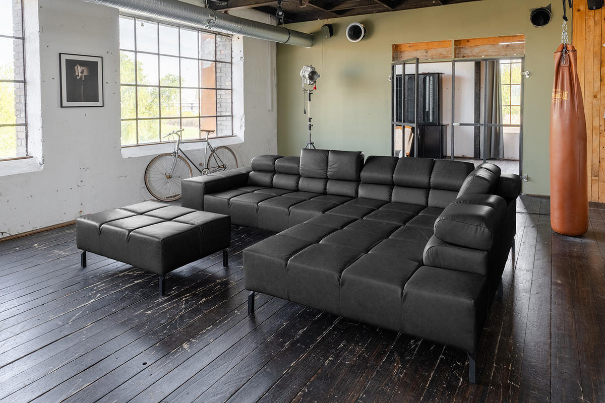 ECKSOFA NELSON Schwarz Leder Relaxfunktion - Schwarz, Leder/Metall (321/216cm) - KAWOLA