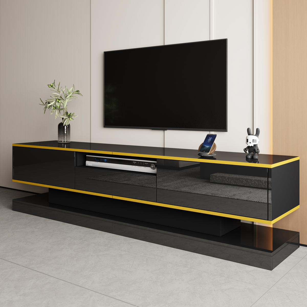 LOWBOARD DE-40561 3 Schubladen mit LED und goldenen Akzenten Schwarz - Schwarz, Holzwerkstoff (180/45/38cm) - ComfortXL