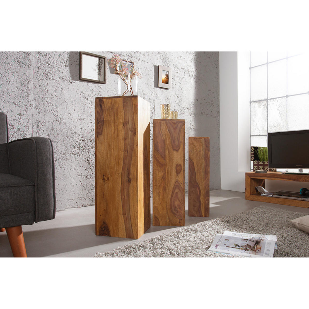 DEKO SÄULENSET MAKASSAR Sheesham Stone Finish 80 cm 3-teilig - Braun, Holz (25/80/25cm) - riess-ambiente