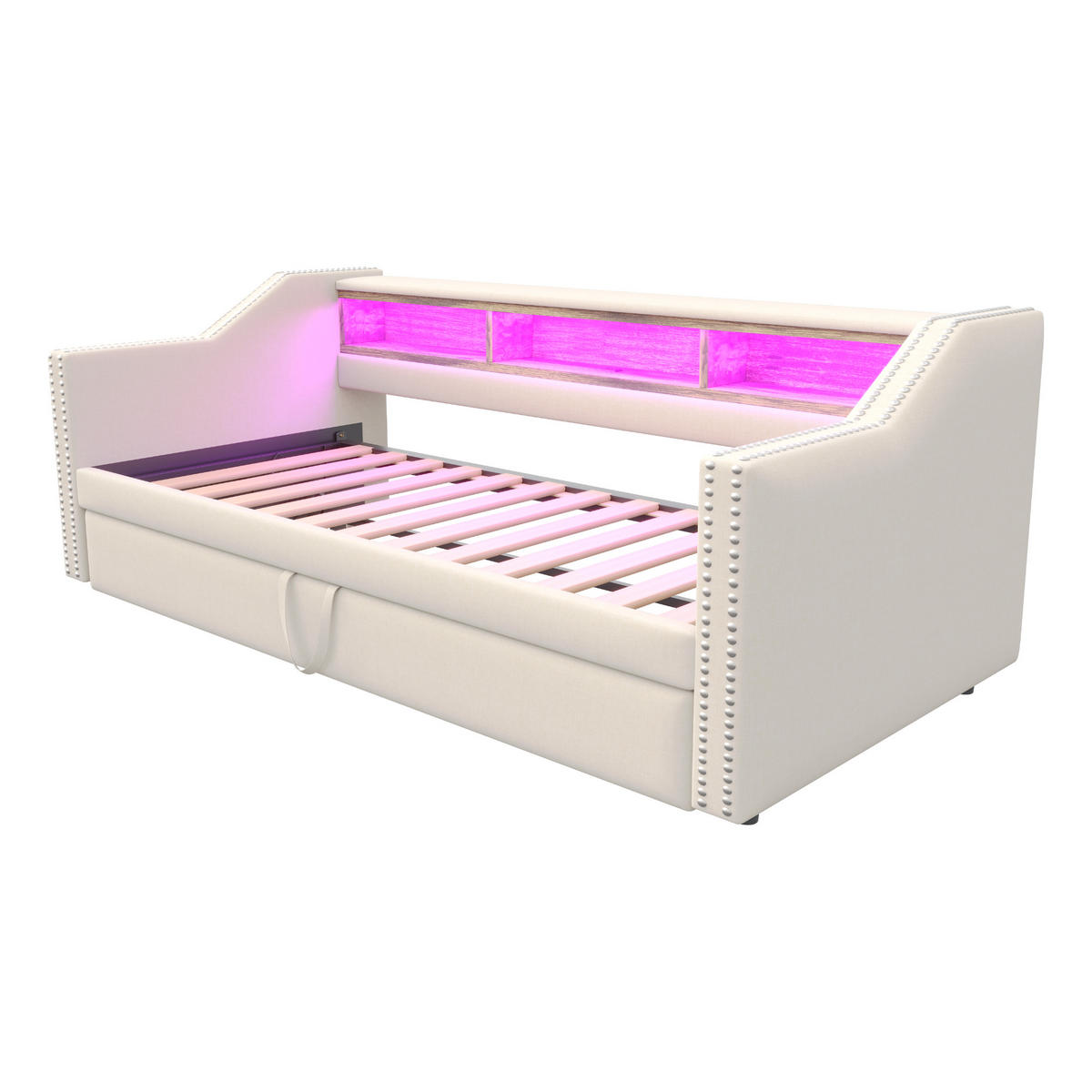 POLSTERBETT Ausziehbares Schlafsofa 90/190 cm und 180/190 cm Staufach mit LED und USB-Buchse aus Leinen - Beige, Textil (90/190cm) - OKWISH