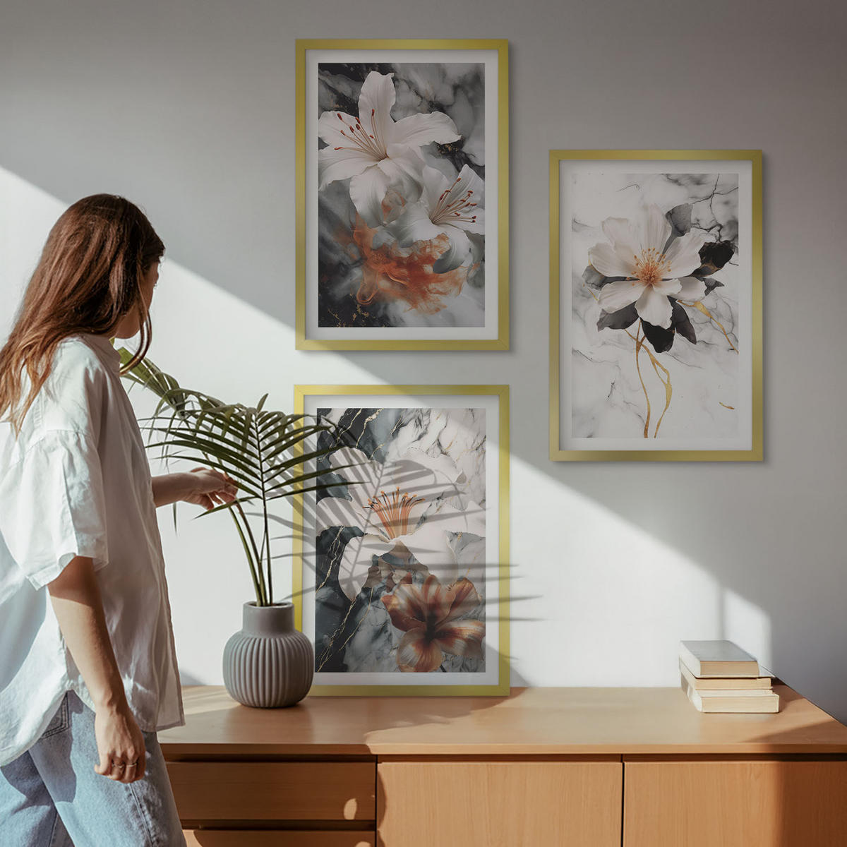WANDBILDER 3er Set - 40x60 cm Goldrahmen - Blumen Marmor weiß schwarz - Goldfarben, Kunststoff (40/60cm) - ArtPrintCave