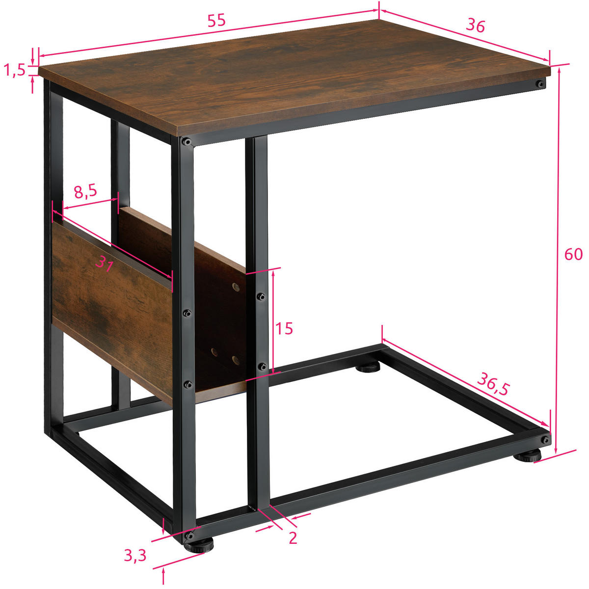 BEISTELLTISCH Wigan,55 x 36,5 x 60 cm,Industrial Holz dunkel, rustikal - Rostfarben, Holz (55/36.5/60cm) - tectake