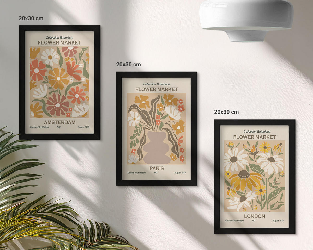 WANDBILDER 3er-Set - 20x30 cm Schwarzer Rahmen - Blumenmuster Amsterdam Paris London - Schwarz, Kunststoff (20/30cm) - ArtPrintCave
