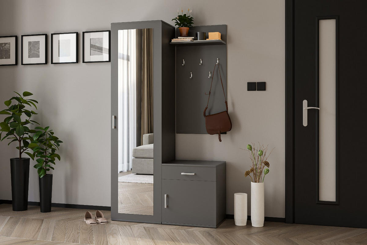 GARDEROBE Patricia 100 cm mit Spiegel, mit Schuhschrank und Schublade, grau - Grau, Kunststoff (100/181/35cm) - Margaret Hadas24