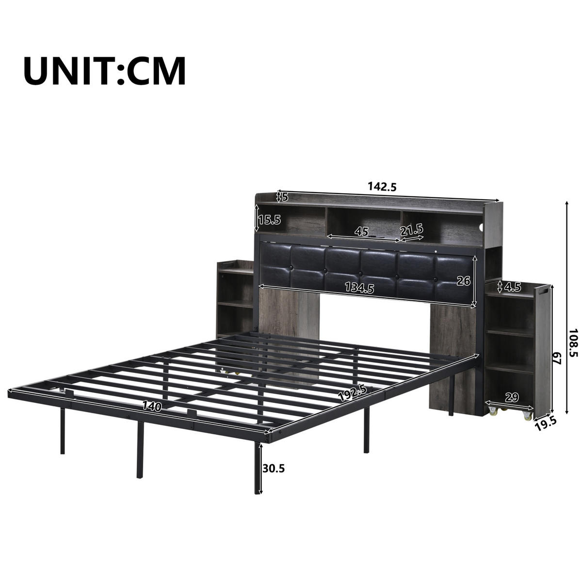 BETT aus Metall und PU 140x190 cm Grau/Weiß mit LED, USB-C, Steckdosen und 2 ausziehbaren Nachttischen - Grau, Metall (140/190cm) - Modfu