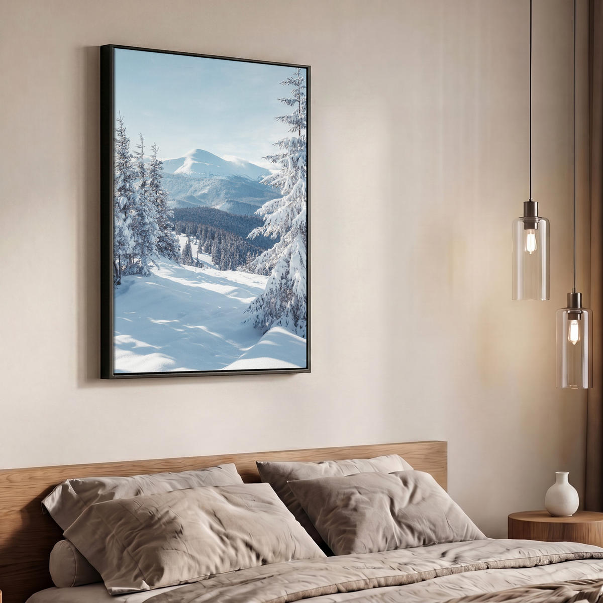 LEINWAND Bilder mit Rahmen - Winterlandschaft - Natur - Berge - Bäume - Schnee - 70x100 - Hellblau, Textil (70/100cm) - MuchoWow