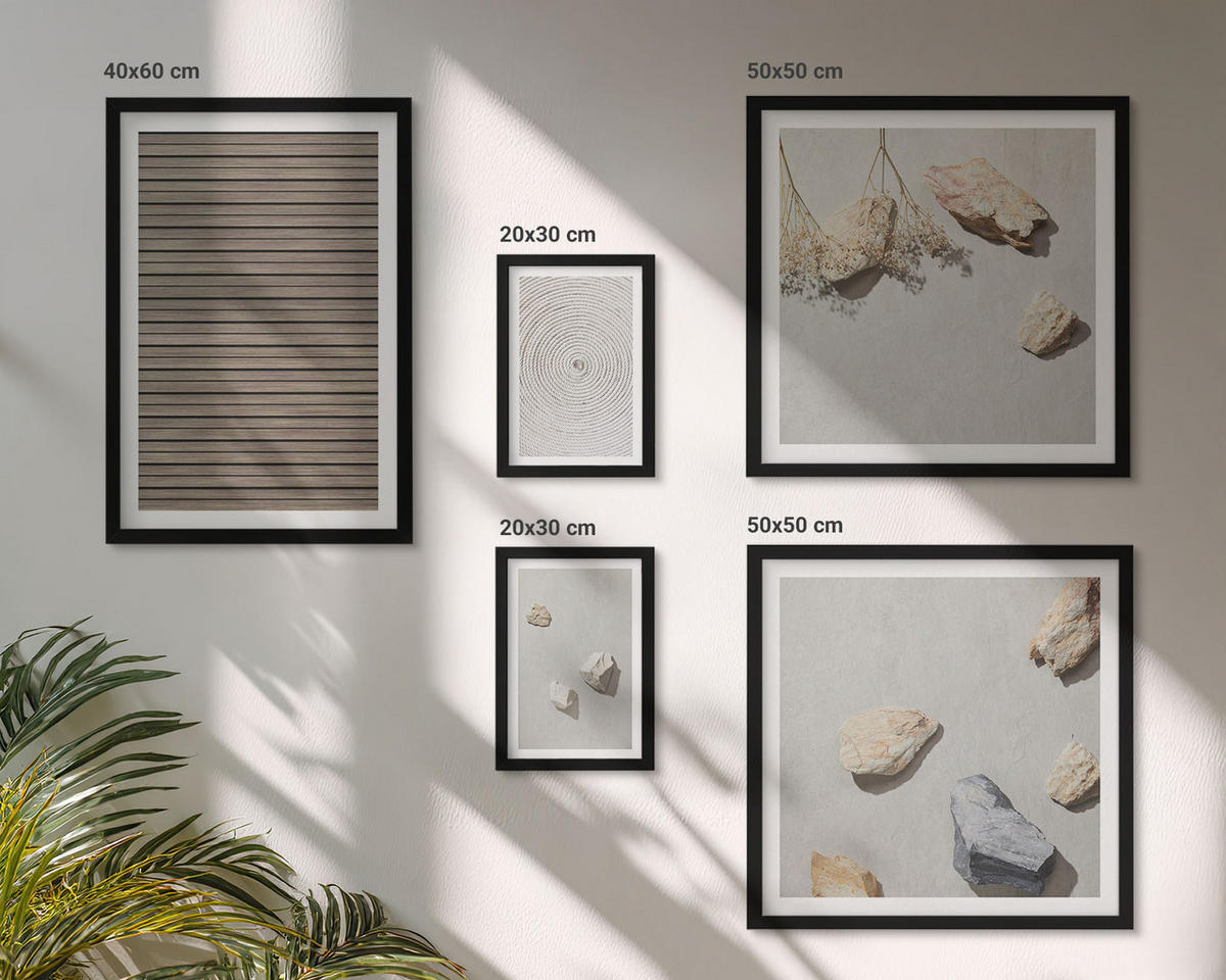 WANDBILDER 5er-Set - 50x50 cm & 20x30 cm & 40x60 cm Schwarzer Rahmen - Natürliche Texturen Holz Steine - Schwarz, Kunststoff (40/60cm) - ArtPrintCave