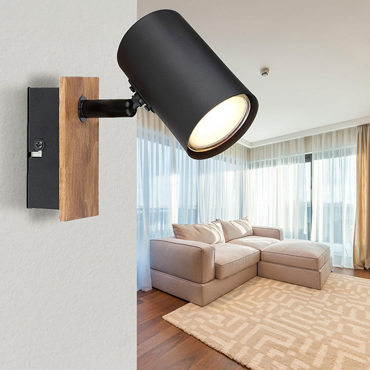 WANDLEUCHTE Holzoptik Schwarz beweglicher Spot - Schwarz, Metall (6/13.4/15.1cm) - Globo Lighting