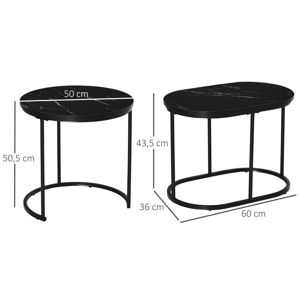 COUCHTISCH-SET 50/50/50,5 cm & 60/36/43,5 cm stapelbar mit verstellbaren Füßen und Marmoroptik, Schwarz - Schwarz, Metall (50/50/50.5cm) - Redom