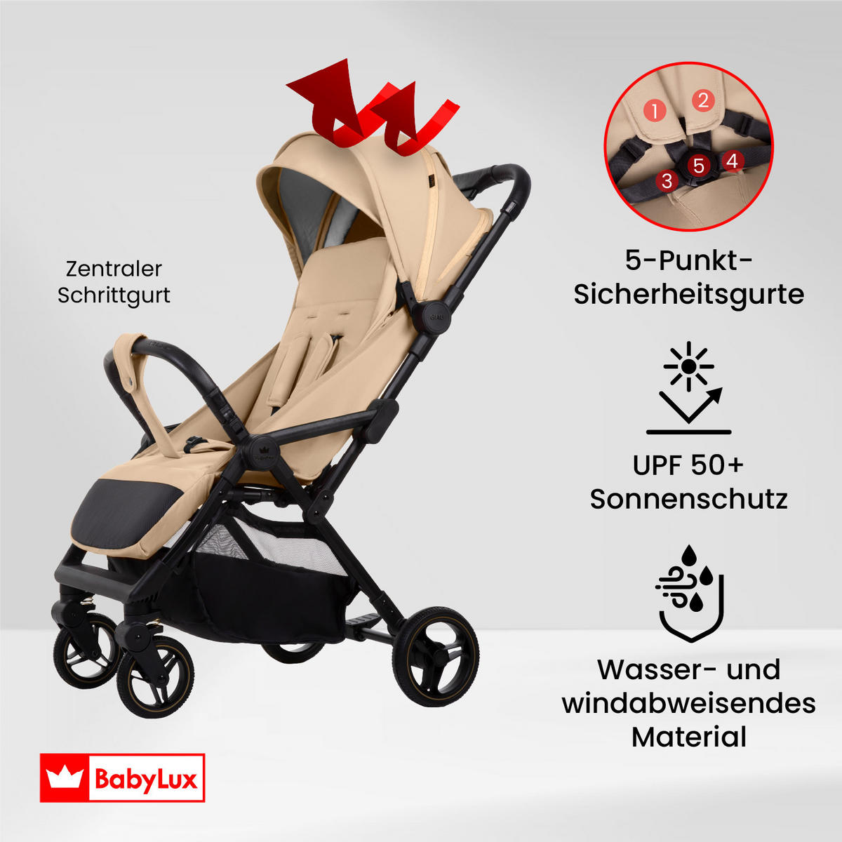 BUGGY Giau, Klein und Leicht, Teleskopische Führung, Kompakt Faltbar, Wickeltasche, Reisetasche - Schwarz/Braun, Textil/Metall (58/98cm) - BabyLux