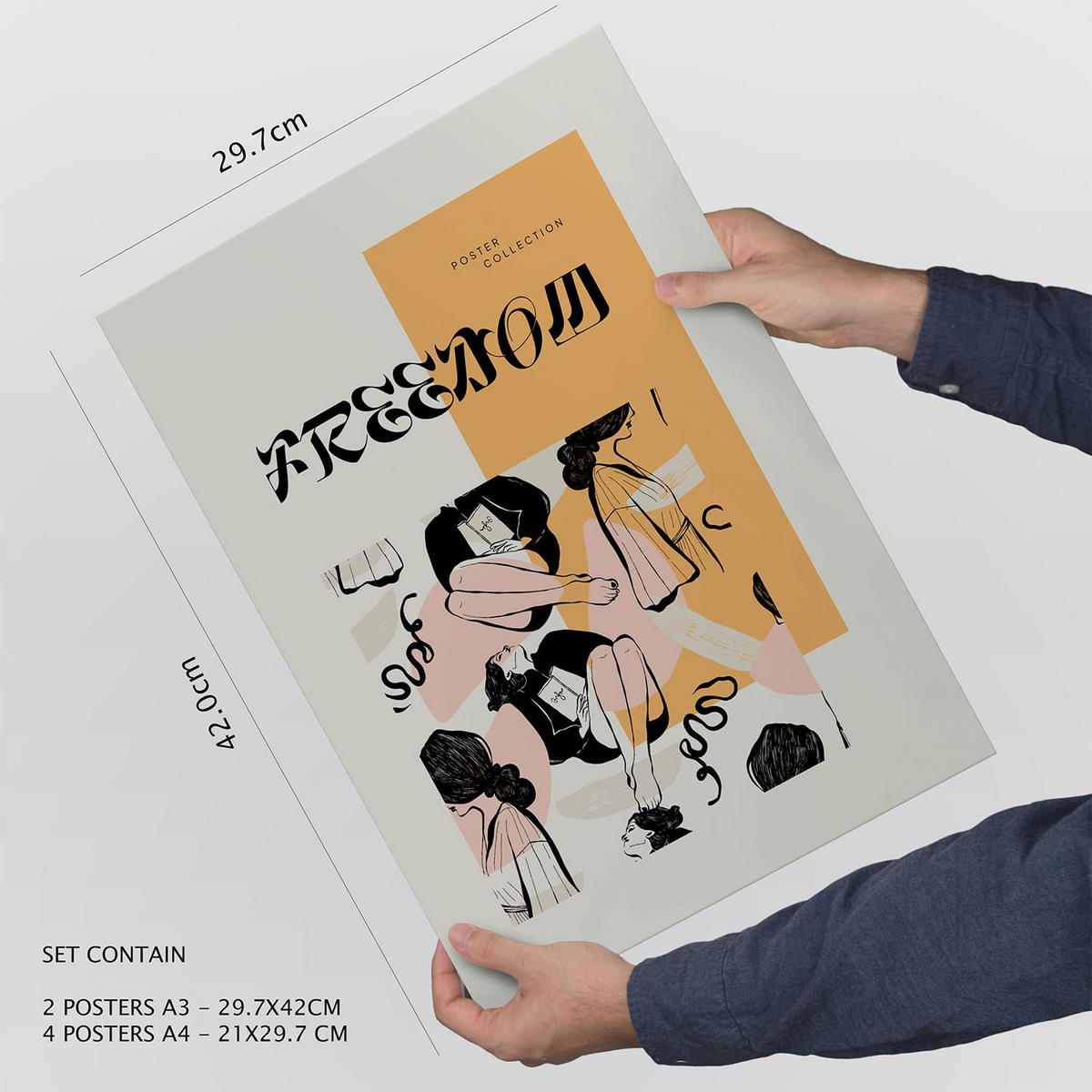 POSTER Set Mit 6 In Schwarzer Tinte Freiheit Kunstdrucke Im Skizzenstil Für Innenarchitektur A3 & A4 Rahmen Aus Hellem Holz - Beige, Papier (29/3cm) - Nacnic
