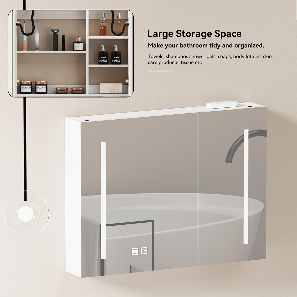 SPIEGELSCHRANK Weiß wandhängend mit LED-Beleuchtung und Stauraum 80/14/60 cm - Weiß, Holzwerkstoff (80/60/14cm) - PANGIVO