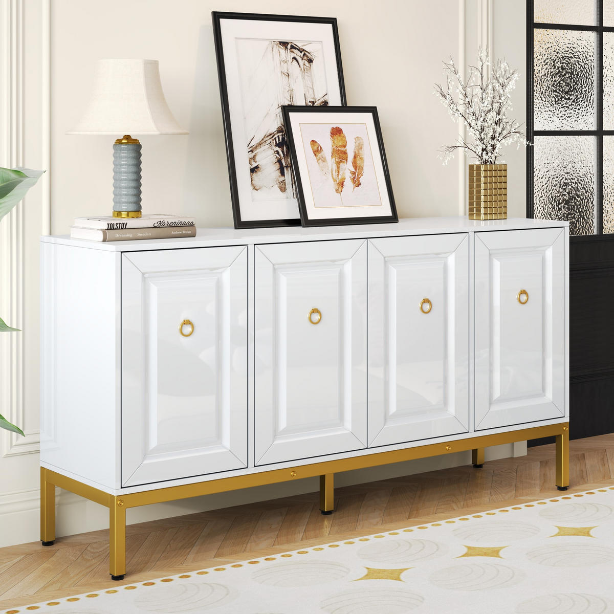 SIDEBOARD Hochglanz 140x80x40 cm Goldgriffe - Weiß, Holz (140/80/40cm) - LEBENLANG