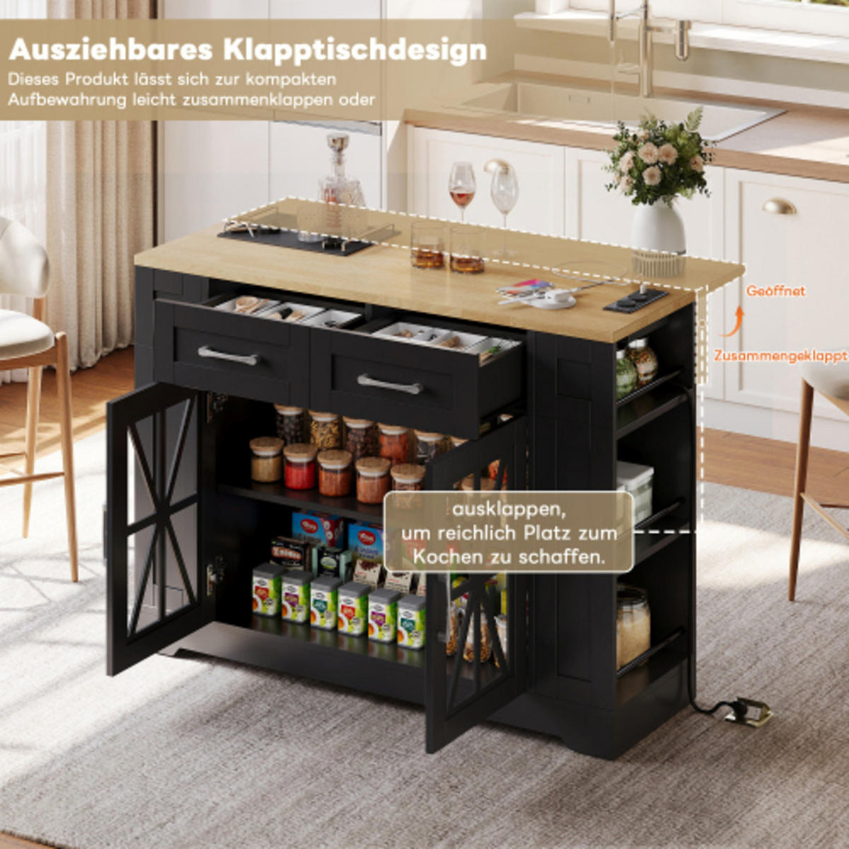 KÜCHENINSEL schwarz-Neutral aus MDF mit klappbarer Erweiterungsplatte, Steckdosen und Laufrollen 120 × 40(65) × 92 cm - Schwarz, Holzwerkstoff (120/92/65cm) - Luhomfu