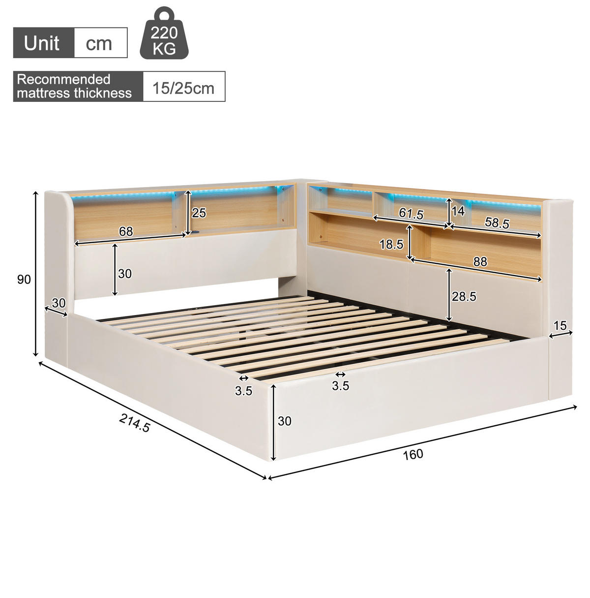 POLSTERBETT 140x190 cm in Beige mit hydraulischem Stauraum, LED-Beleuchtung und USB-C-Anschlüssen - Beige, Textil (140/190cm) - IVMEU
