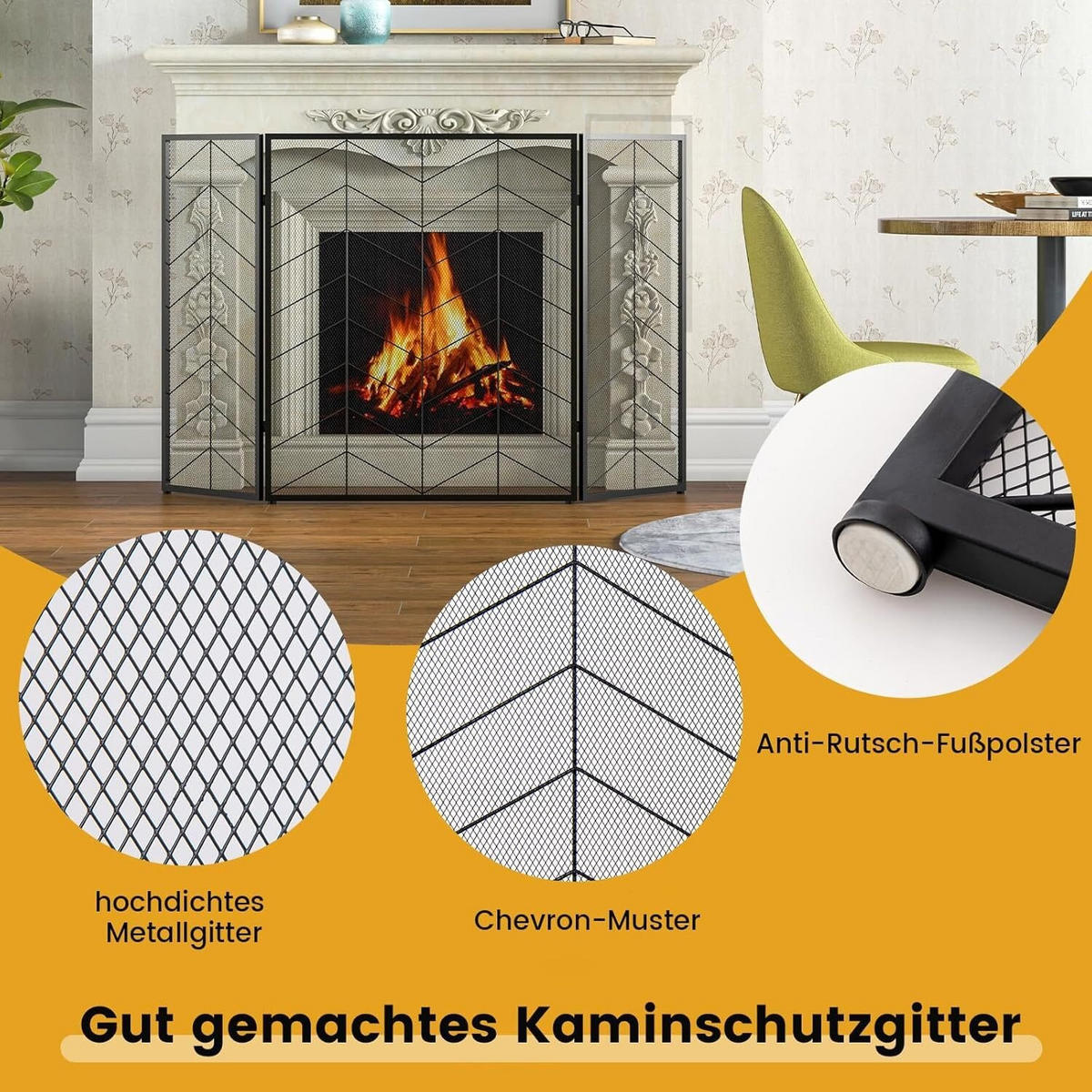 KAMINSCHIRM 132cm Schwarz - Schwarz, Metall (3/79/66cm) - COSTWAY