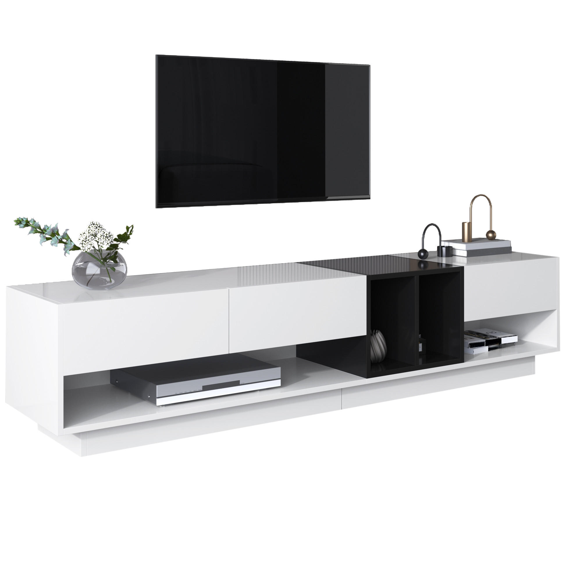 TV-ELEMENT 190 cm Hochglanz Weiß Schwarz mit Schubladen und offenen Fächern - Weiß, Holzwerkstoff (40/42/190cm) - Korfee